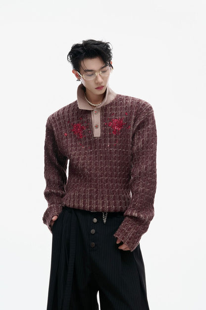 Sequin Collar Fitted Knit Sweater