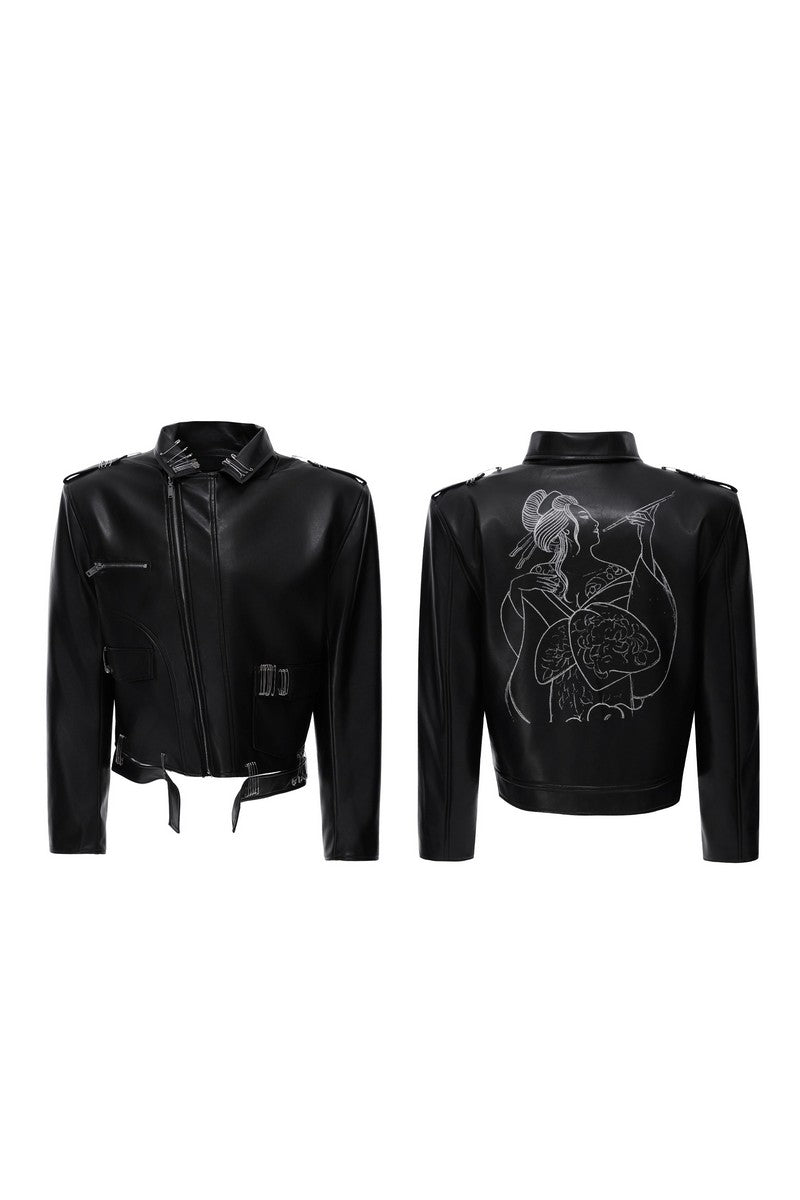 Pin Detail Geisha Print Leather Jacket