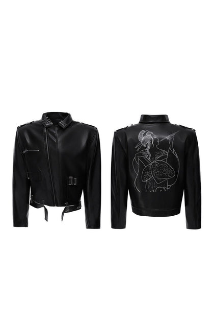Pin Detail Geisha Print Leather Jacket
