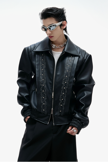 Embroidered Deconstructed Cropped Leather Jacket