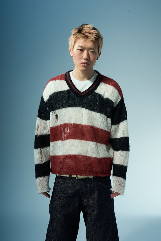 Striped Distressed V-Neck Sweater