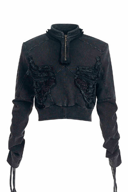 Ribbed Distressed Cropped Zip Hoodie