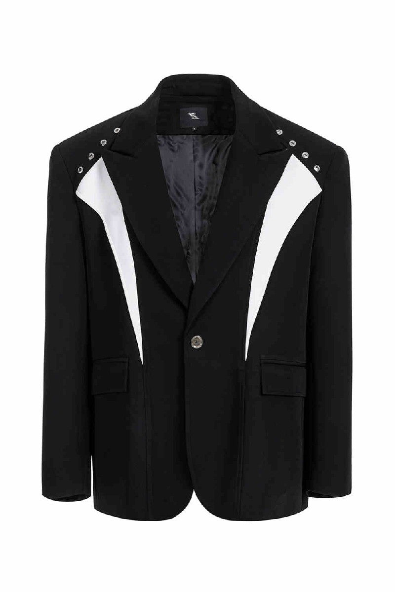 Structured Padded Shoulder Patchwork Blazer