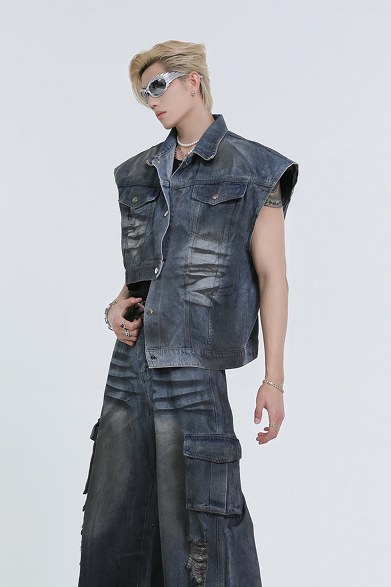 Asymmetric Washed Denim Vest