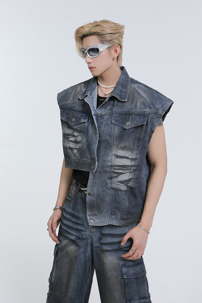 Asymmetric Washed Denim Vest