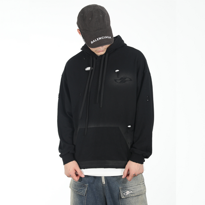 Destroyed Washed Drawstrings Hoodie