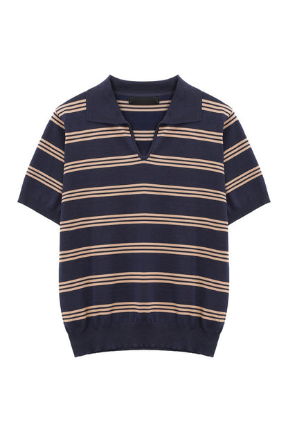 Striped V-Neck Polo Tee