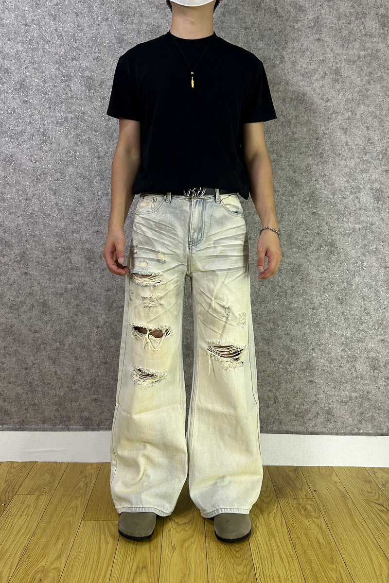 Faded Ripped Wide Jeans