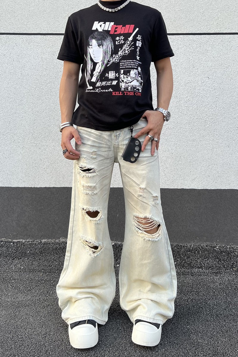 Faded Ripped Wide Jeans
