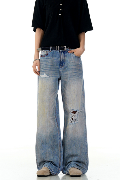 Ripped Straight Wide Jeans