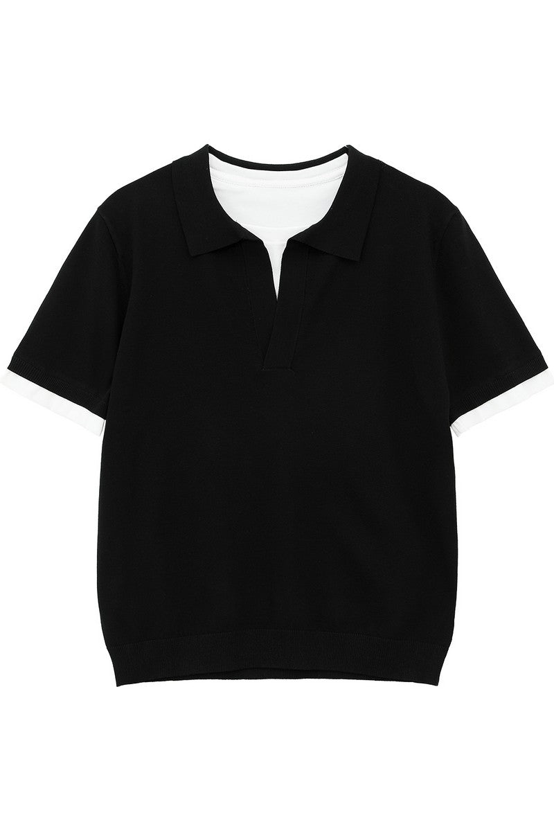 Layered Look Polo Knit Tee