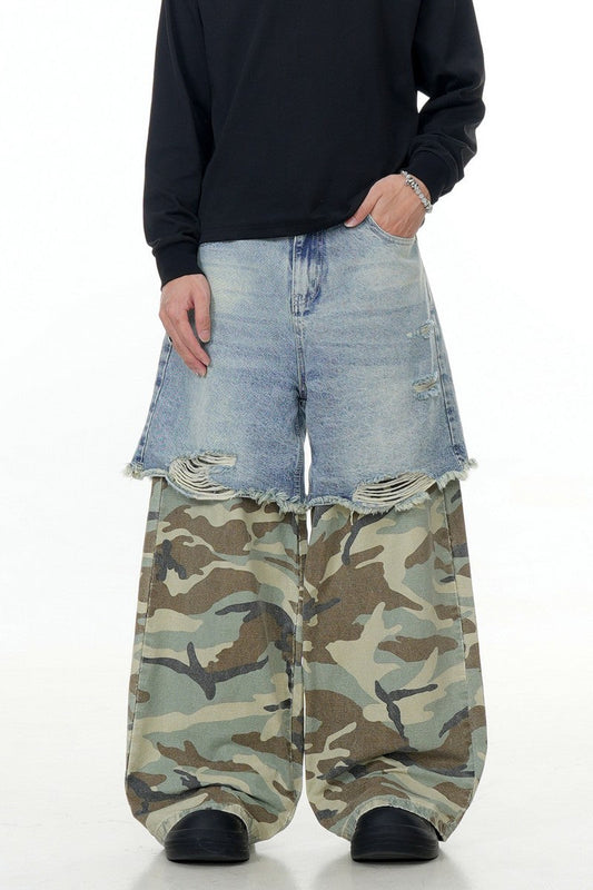 Blue Camo Patchwork Wide-Leg Pants