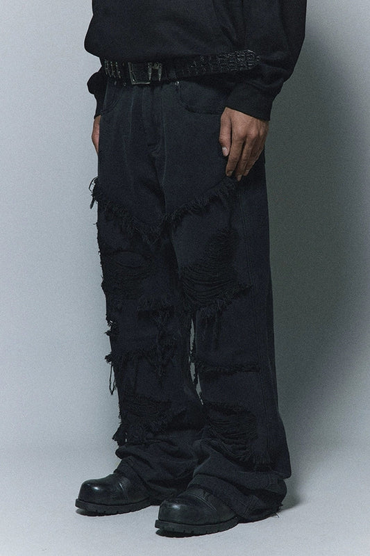 Double-Layer Distressed Flare Biker Pants