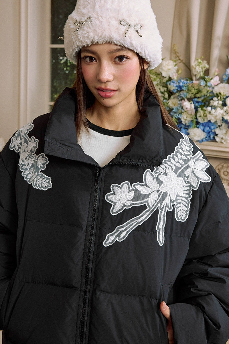 Lace Floral Wreath Embroidered Puffer