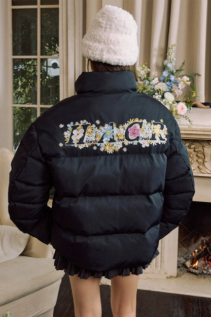 Cutout Cartoon Embroidered Puffer Jacket