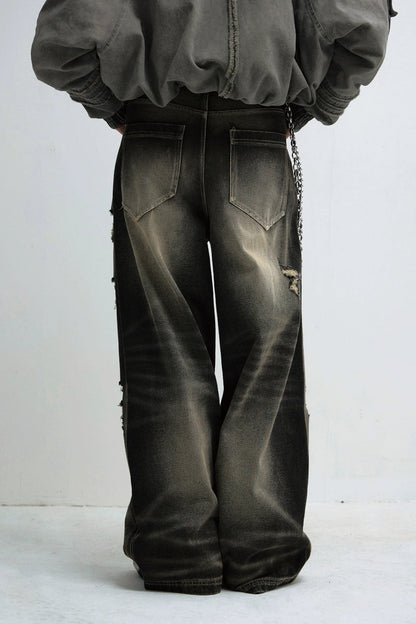 Mud-Dyed Ripped Wide Jeans