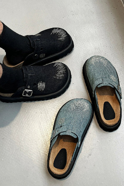 Sewn Denim Clog Mules