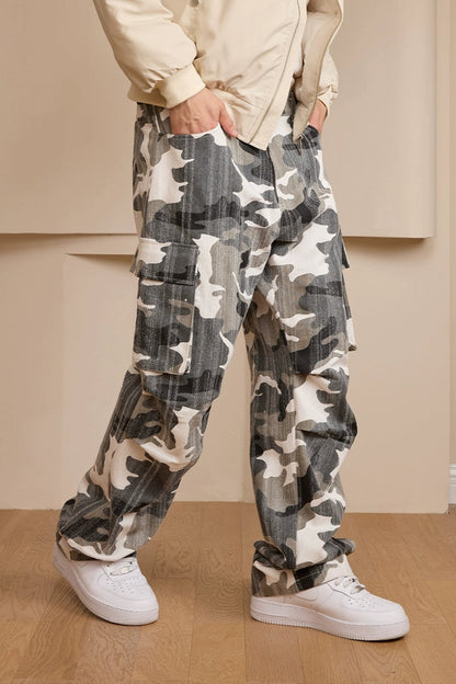 Washed Camo Straight Cargo Pants