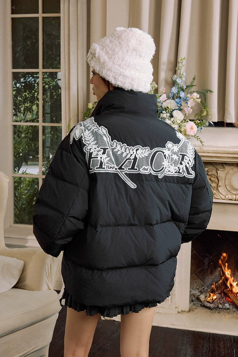 Lace Floral Wreath Embroidered Puffer