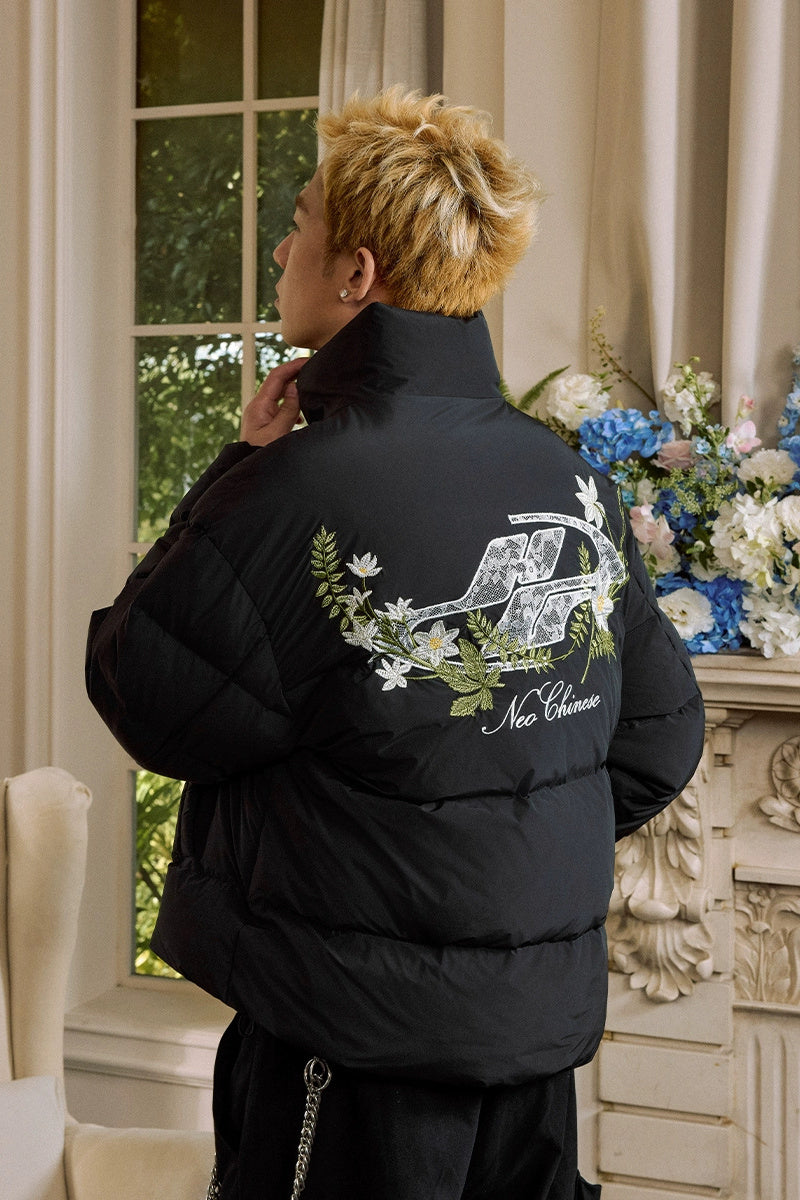 Lace Floral Embroidered Oversized Puffer