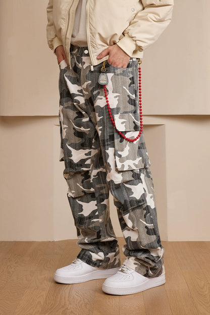 Washed Camo Straight Cargo Pants