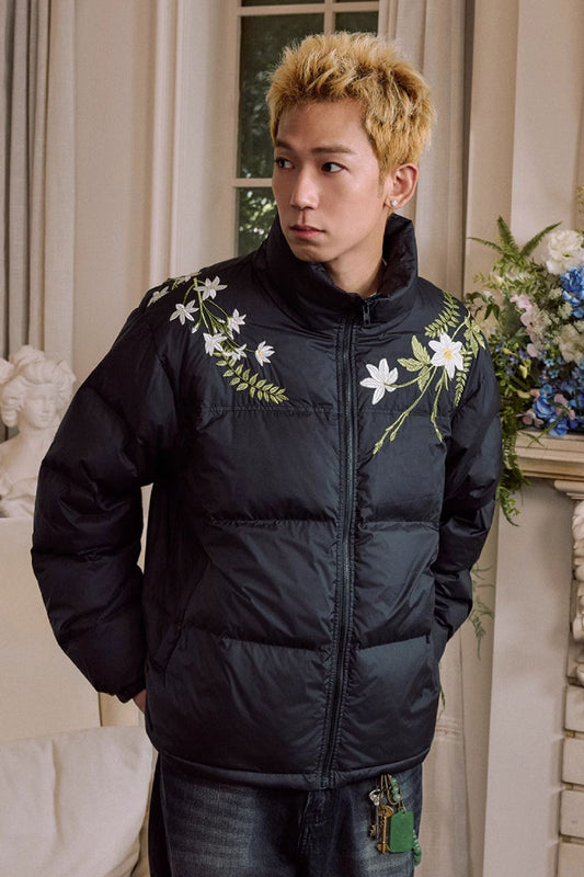 White Floral Wreath Embroidered Puffer