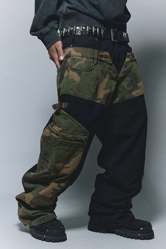 Camo Patchwork Wide-Leg Cargo Pants