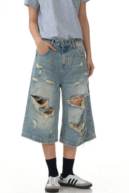 Distressed Washed Cropped Jeans