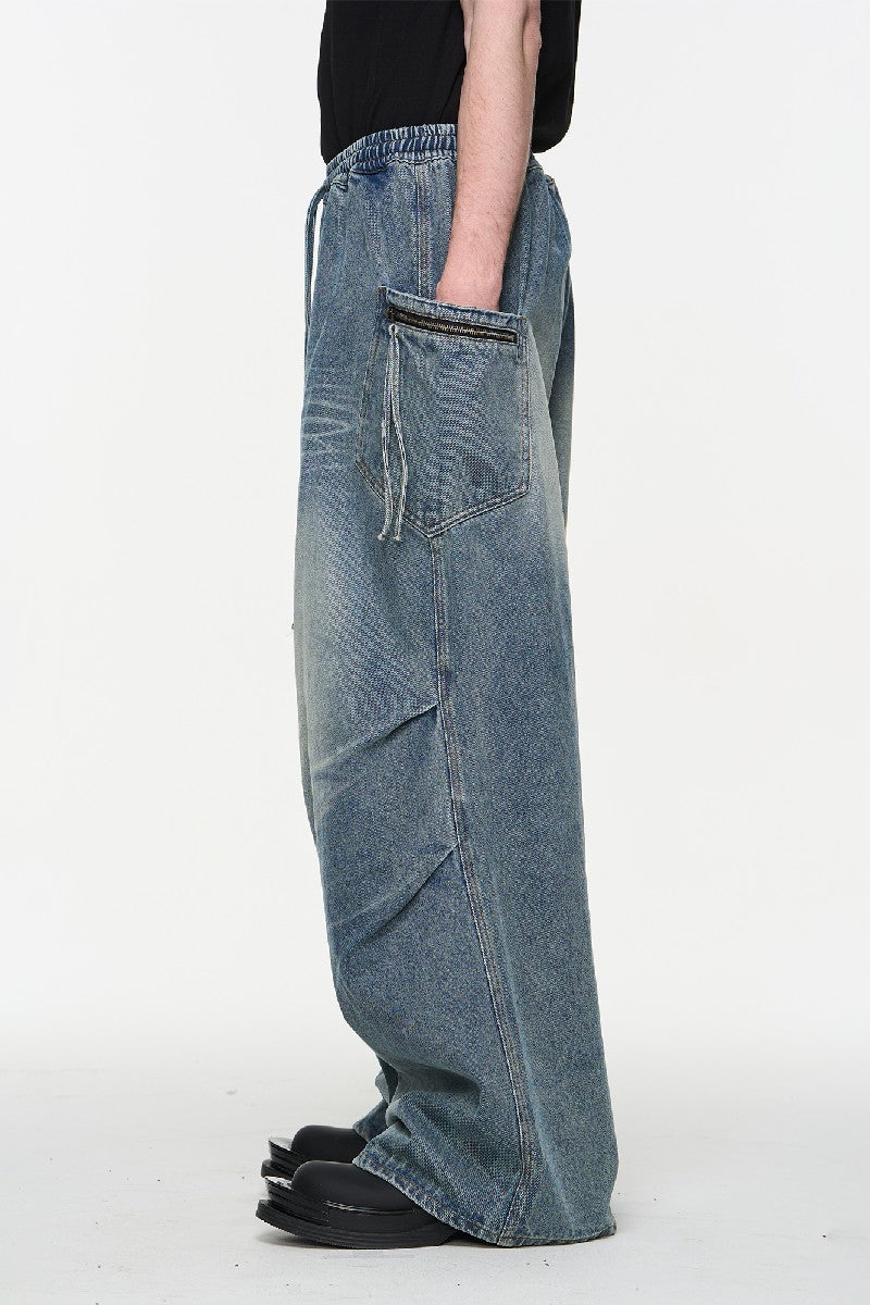 Washed Pleated Elastic Waist Jeans