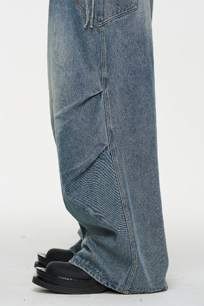 Washed Pleated Elastic Waist Jeans