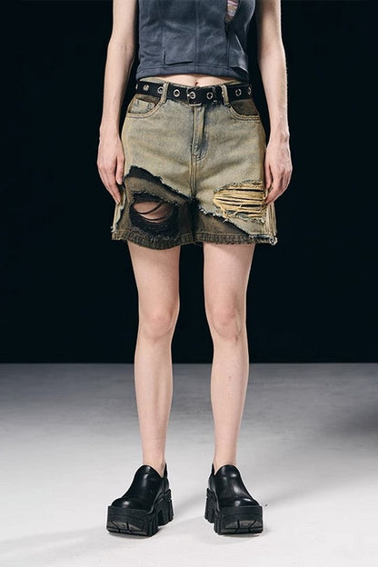 Layered Washed Denim Shorts