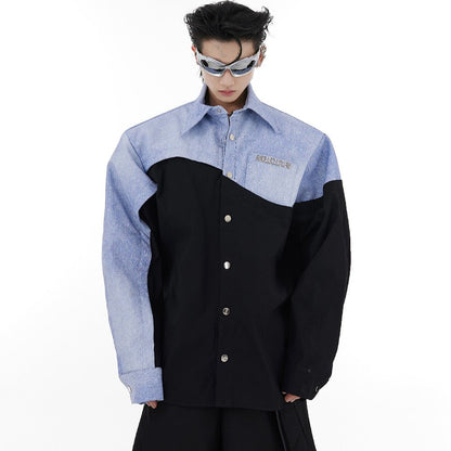 Irregular Stitched Denim PU Leather Shirt