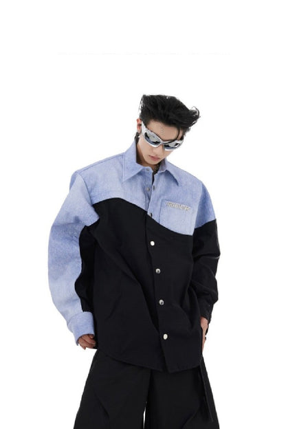 Irregular Stitched Denim PU Leather Shirt