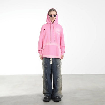Destroyed Washed Drawstrings Hoodie