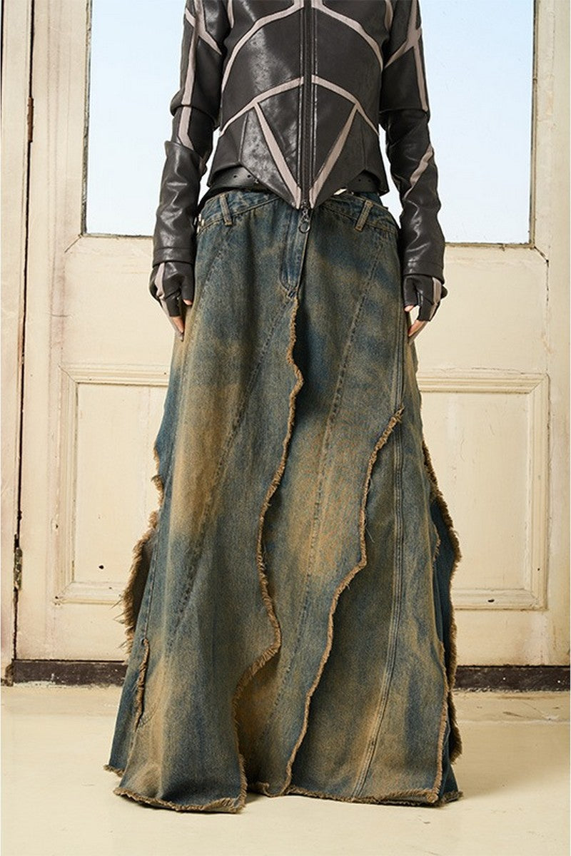 Irregular Interlaced Washed Denim Skirt