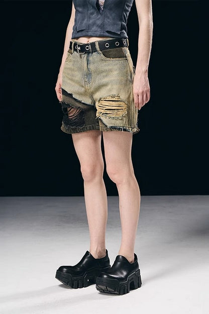 Layered Washed Denim Shorts