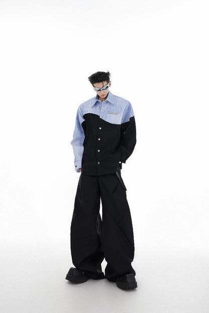 Irregular Stitched Denim PU Leather Shirt