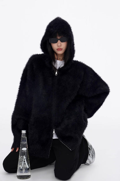 Furry Hooded Sweater Cardigan